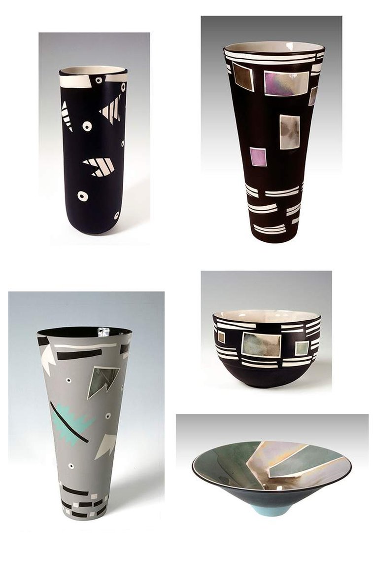 These Inlay Porcelain pieces by artist Kathy Erteman illustrate her exploration of combining  porcelain with color inlay and luster. The contemporary ceramic vessels were influenced by Memphis and post-modern movements. 