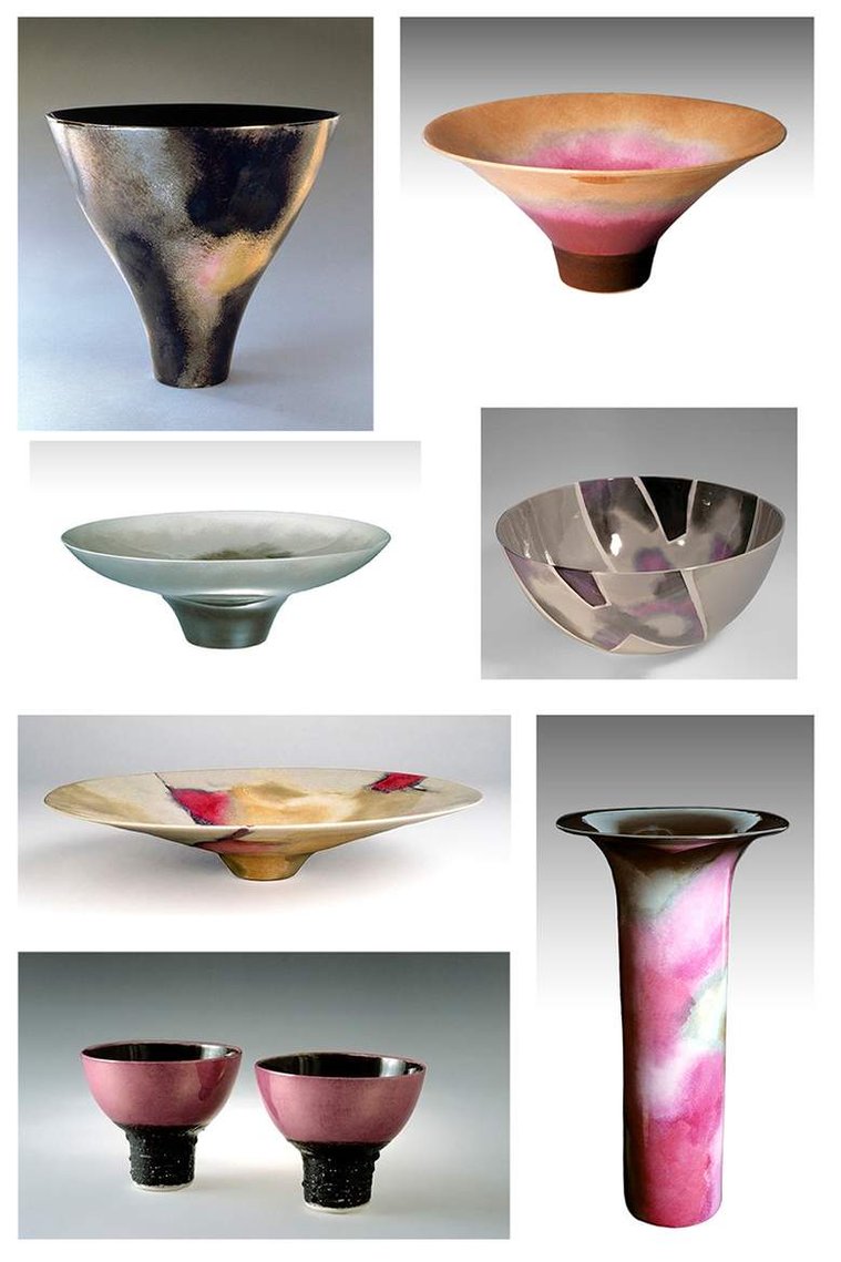 Created by artist Kathy Erteman in 1978, this series of slip-cast narrow base porcelain forms with luster glazes were inspired by Lucie Rie, the Natzlers, Judy Chicago, and Hans Baumann.