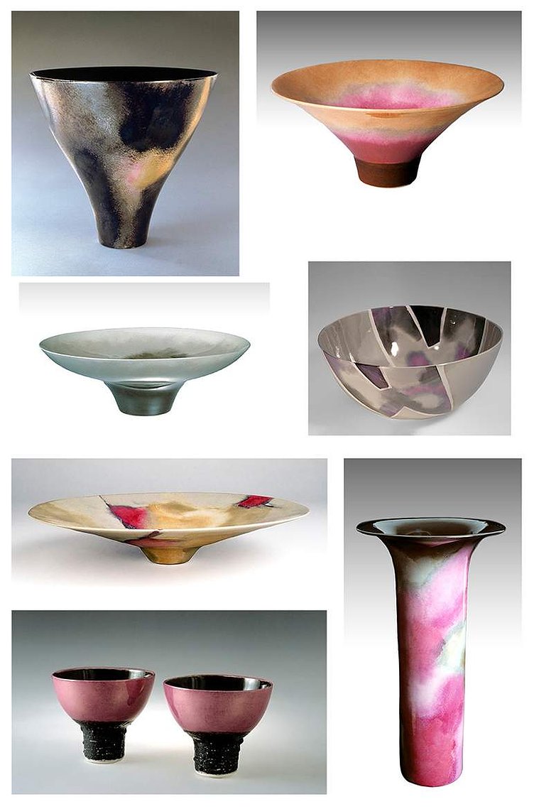 Created by artist Kathy Erteman in 1978, this series of slip-cast narrow base porcelain forms with luster glazes were inspired by Lucie Rie, the Natzlers, Judy Chicago, and Hans Baumann.