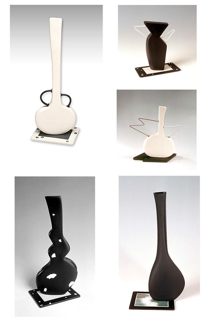 Sculptural bottle forms are an example of ceramic works by artist Kathy Erteman during the 1990s. Several of these black and white unglazed contemporary ceramic sculptures have blown-glass handles, now in private collections.