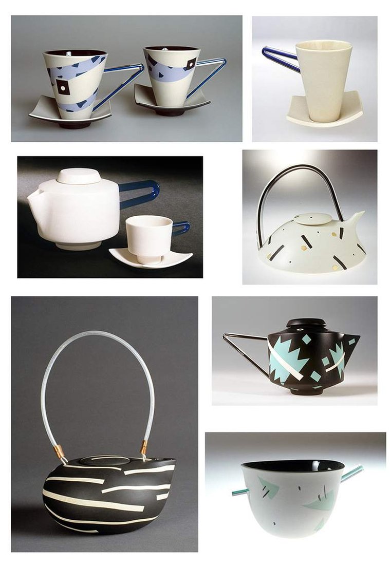 This series of sculptural forms includes teapots and cups made of glass and porcelain. These contemporary ceramics were created by artist Kathy Erteman in her Benicia, California studio. Her current work is represented by Hostler Burrows Gallery.