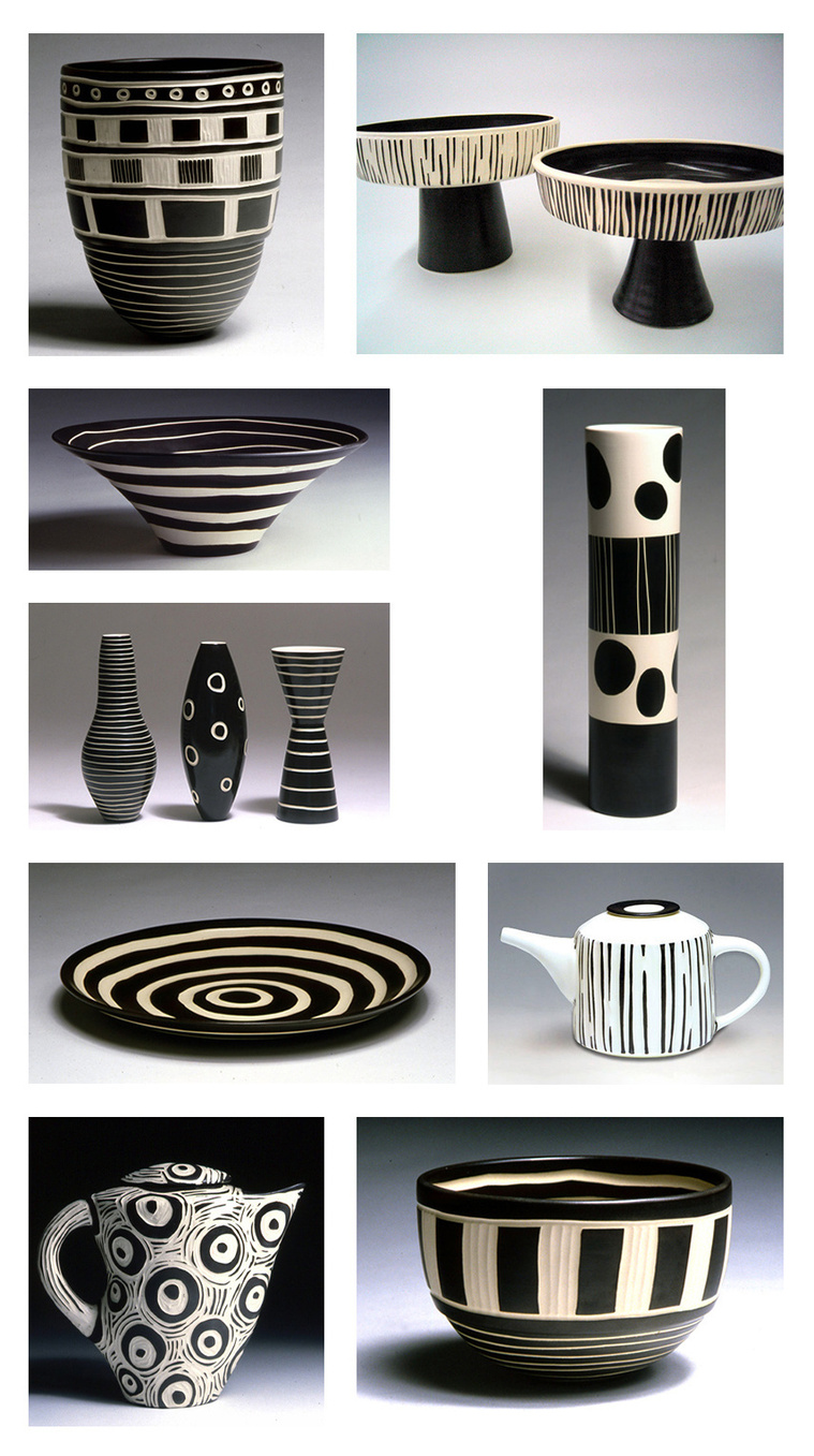 These black and white vessels that were thrown and carved by Kathy Erteman in her New York City Studio are in the ceramic artist’s archive of past work. Her current work is represented by Hostler Burrows Gallery
