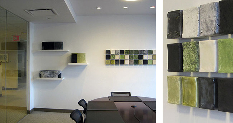 Kathy Erteman’s vessels and squares are installed in the Surdna Foundation in New York City. The varied works illustrate why her ceramic sculptural forms with gloss and textured glazes are chosen by some of the world’s top architects for projects