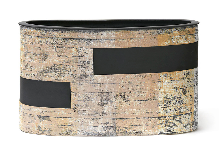 Monoprint Vessel by Kathy Erteman is a hand-built stoneware work. The large oval vessel with monoprint slips in ochre, puce, black and white has a texture glaze. The artist is represented by Hostler Burrows Gallery