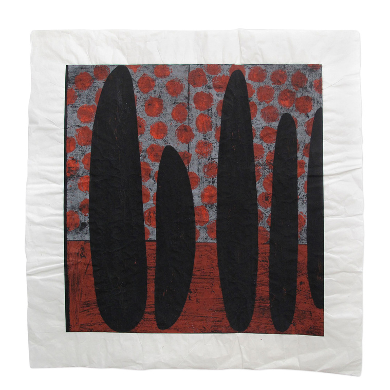 Loiter was created by artist Kathy Erteman with casein and gouache. The piece has black pod forms on a gray background with a red/orange monoprint dot design. The modernist composition features anthropomorphic shapes inspired by seed pods