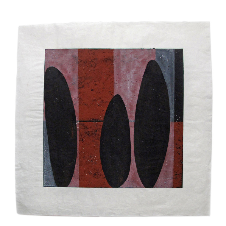 Crimson 1 was created by artist Kathy Erteman with casein and gouache. The piece has three black oval pod forms and a red, black and translucent white monoprint background. The abstract modernist composition hints at the human figure 