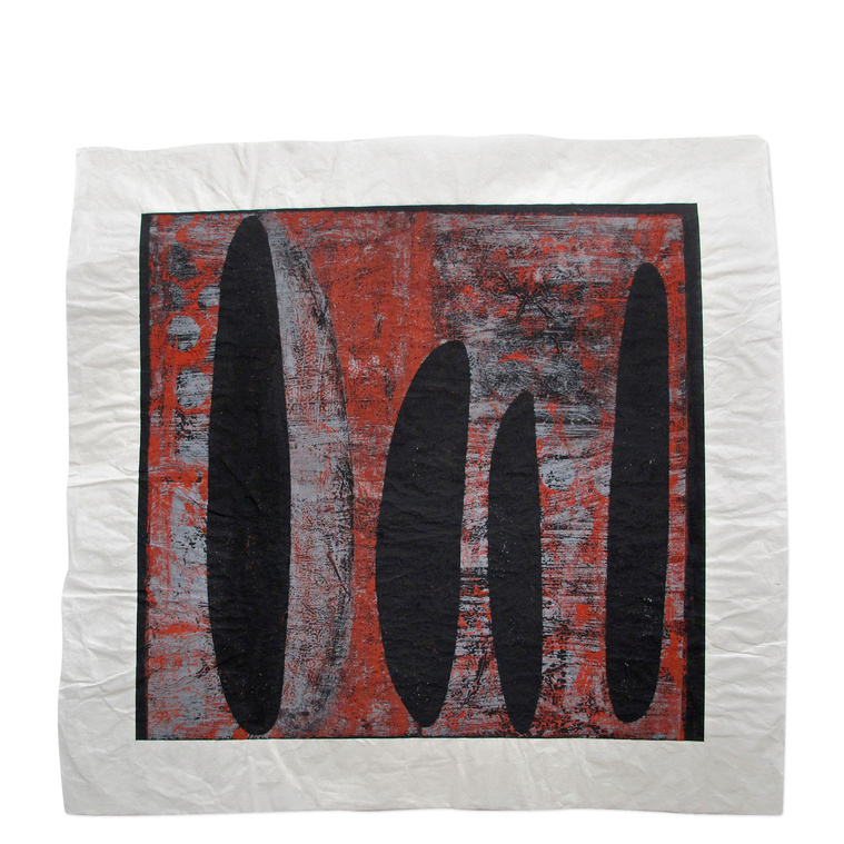 Fade Out was created by artist Kathy Erteman with casein and gouache. The piece has five black pod forms, one recessed and grey to be slightly veiled. The modernist composition that features anthropomorphic shapes has a gray background
