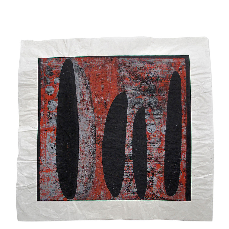 Fade Out was created by artist Kathy Erteman with casein and gouache. The piece has five black pod forms, one recessed and grey to be slightly veiled. The modernist composition that features anthropomorphic shapes has a gray background
