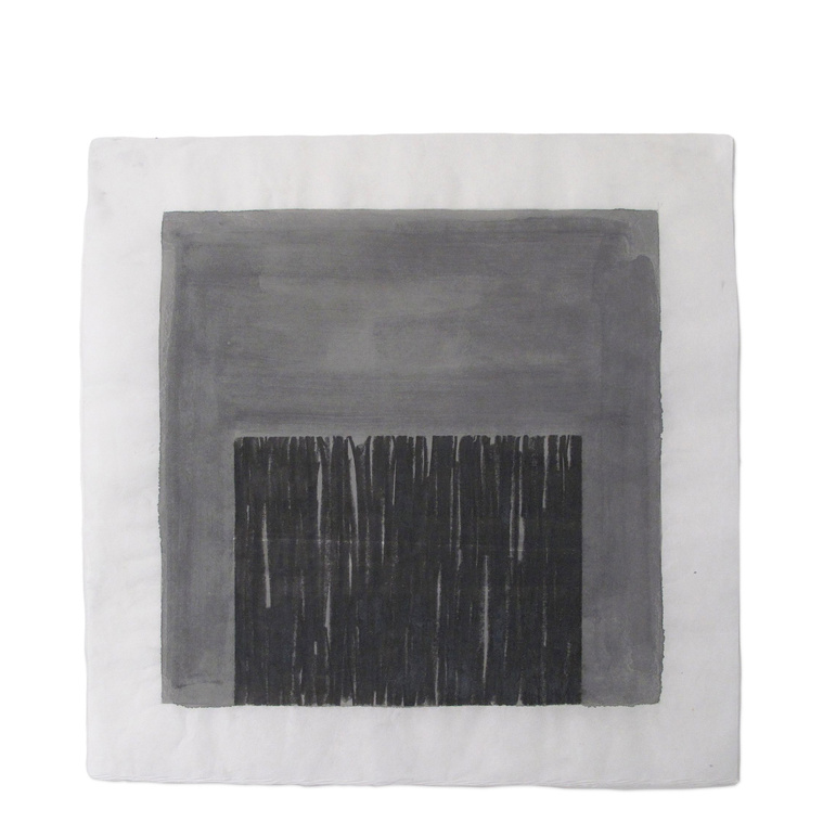 Using watercolor and graphite, wash, and abstraction, artist Kathy Erteman has created a minimal piece of contemporary art with Descending Cube. The piece has a black graphite drawing at the bottom with a gray watercolor background on Japanese art paper