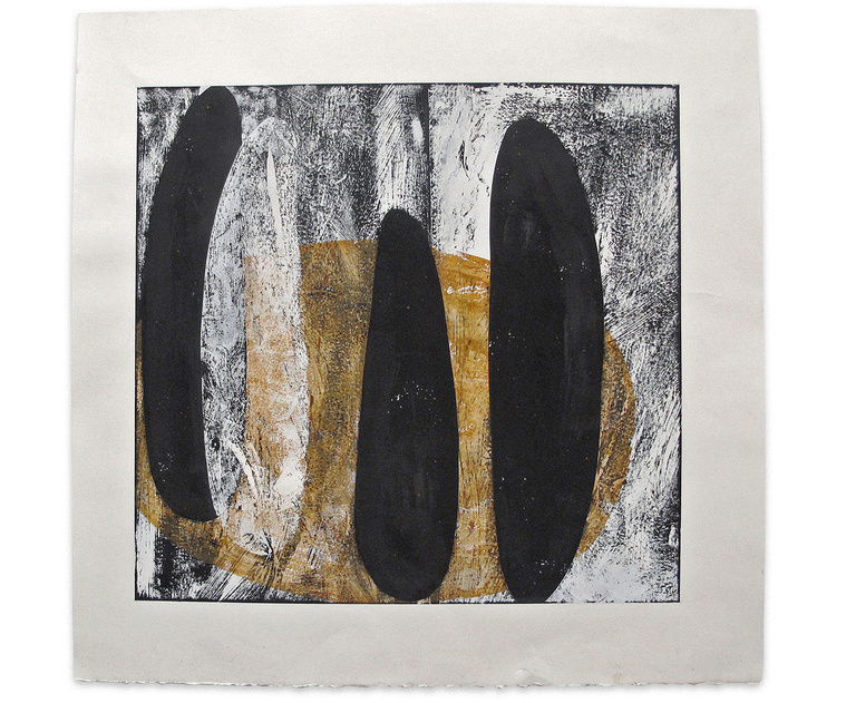 Ghost was created by artist Kathy Erteman with casein and gouache. The modernist composition in gold/ochre, white and black has four pod forms that abstractly resemble the human form and feature a veiled white monoprint figure