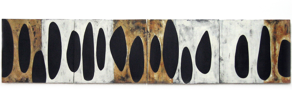Guanxi 2 is an abstract composition made up of four ceramic panels created by artist Kathy Erteman. The long format ceramic painting is made with slab-built clay panels, using black, white, and burnt orange slips and printing techniques 