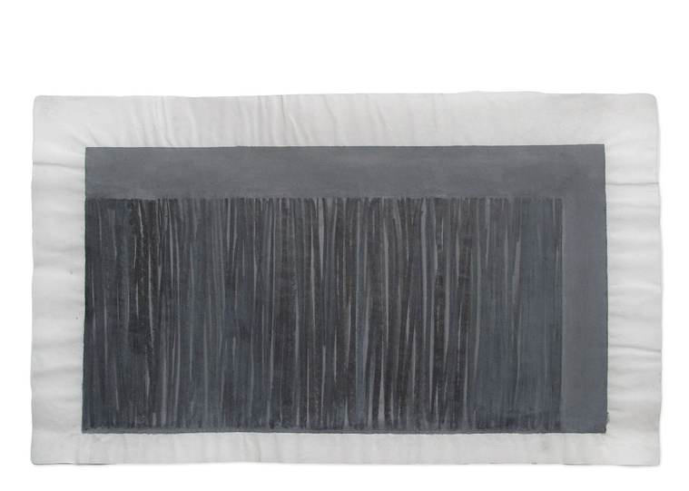 Using watercolor and graphite, wash, and abstraction, artist Kathy Erteman has created a minimal piece of contemporary art with Accordian. The piece has a rectangular image and irregular vertical graphite lines in a medium gray watercolor wash