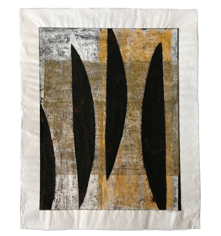 Catalpa Dagger 5 was created by artist Kathy Erteman with casein and gouache. The modernist composition has black dagger forms with a white monoprint background and light gold/brown and golden yellow monoprint panels