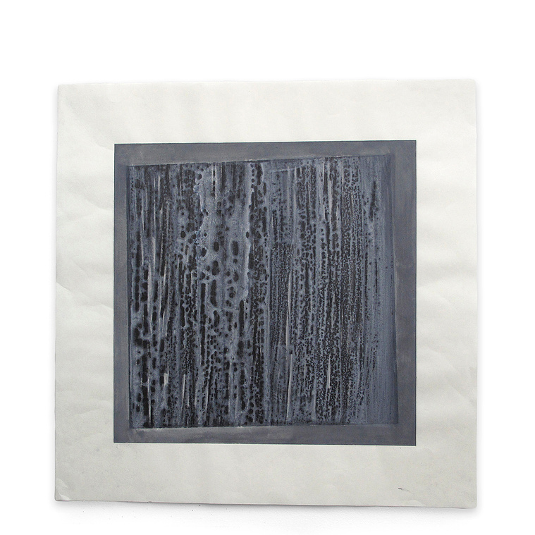 Using watercolor and graphite, wash, artist Kathy Erteman created an abstract contemporary artwork with Melt. A skewed large graphite square is centered on Japanese paper with white gouache over a medium gray background
