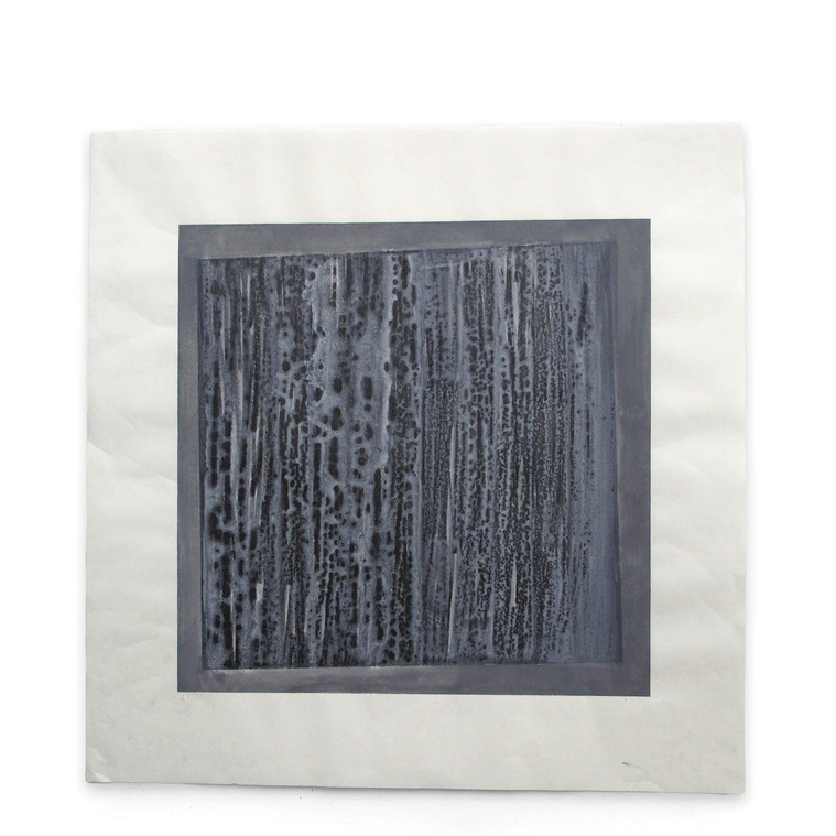 Using watercolor and graphite, wash, artist Kathy Erteman created an abstract contemporary artwork with Melt. A skewed large graphite square is centered on Japanese paper with white gouache over a medium gray background