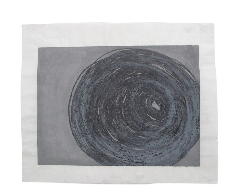 Using watercolor and graphite, wash, and abstraction, artist Kathy Erteman has created a minimal piece of contemporary art with Vortex. Graphite images oppose each other in a light grey watercolor wash on Japanese art paper