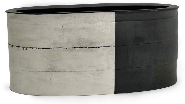 Kathy Erteman made Bleed, Long Vessel, which is a hand-built oval black and white vessel made of stoneware with a painterly white texture glaze and black rim, her work available through Hostler Burrows Gallery
