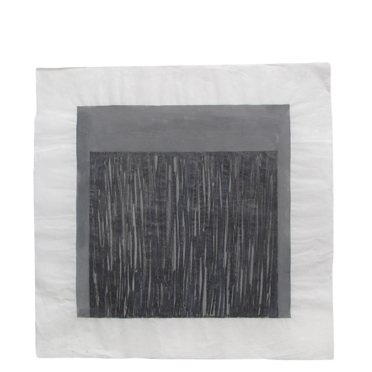 Using watercolor and graphite, wash, and abstraction, artist Kathy Erteman has created a minimal piece of contemporary art with Ice Dagger. A loosely drawn graphite square is centered on the Japanese art paper in a medium gray watercolor wash