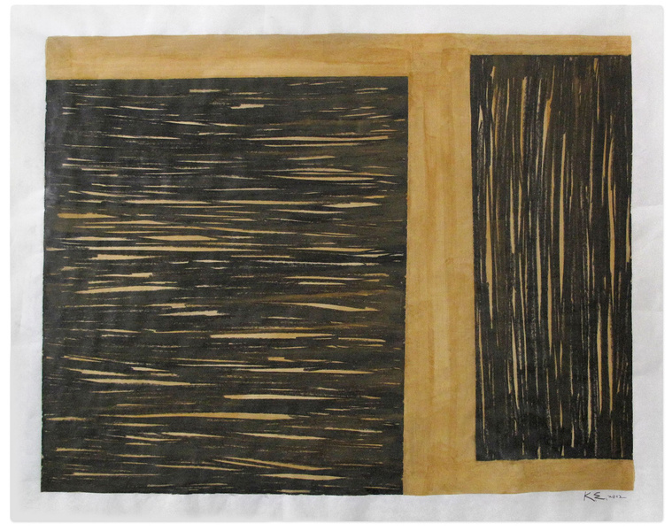 Using watercolor and graphite, artist Kathy Erteman has created an abstract contemporary watercolor painting with Particular Balance, Push. The piece on mulberry paper has two opposing graphite squares with a narrow space between