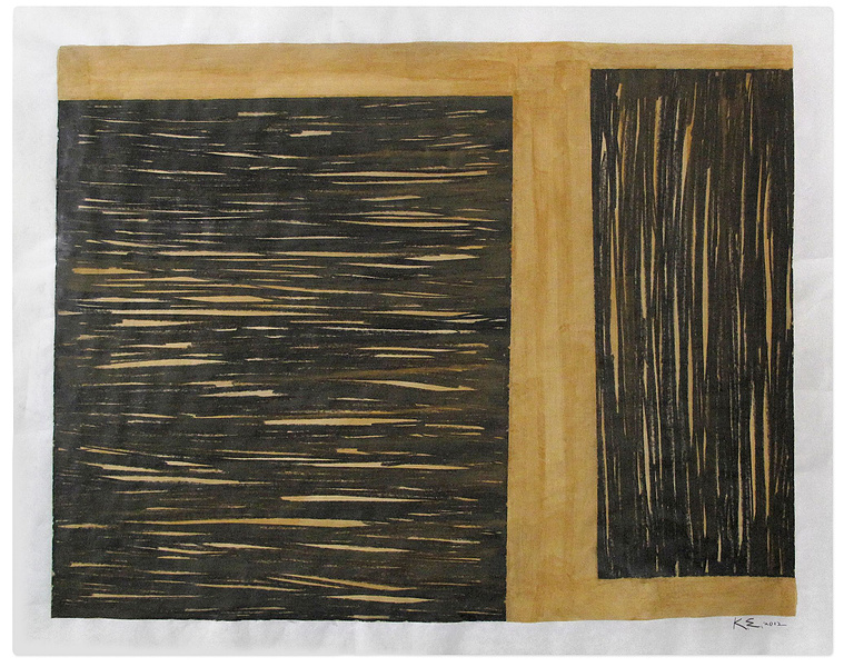 Using watercolor and graphite, artist Kathy Erteman has created an abstract contemporary watercolor painting with Particular Balance, Push. The piece on mulberry paper has two opposing graphite squares with a narrow space between