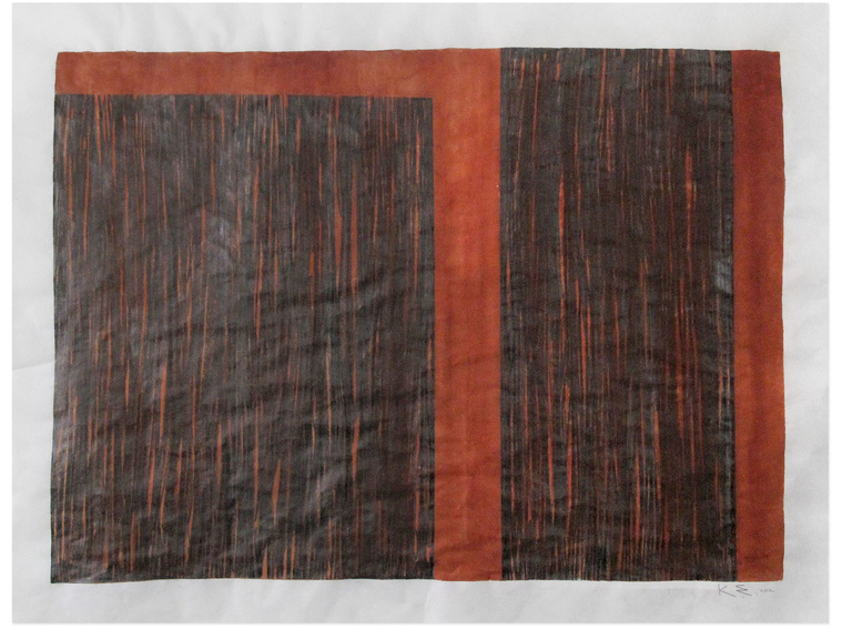 Using watercolor and graphite, wash, and abstraction, artist Kathy Erteman has created a contemporary artwork with Particular Balance, Crimson. The painting on mulberry paper has a light brown watercolor background over a graphite drawing