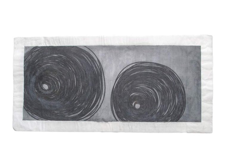Using watercolor and graphite, wash, artist Kathy Erteman has created a contemporary painting on mulberry paper with Vortex 2. Graphite images oppose each other on a light to medium gray watercolor wash overall 
