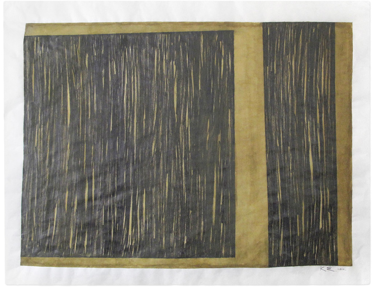 Using watercolor and graphite, wash, and abstraction, artist Kathy Erteman has created a minimal contemporary painting with Particular Balance, Motion. The piece on mulberry paper has a light brown watercolor background over a graphite drawing