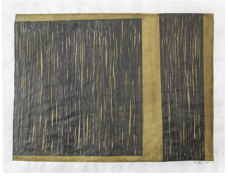 Using watercolor and graphite, wash, and abstraction, artist Kathy Erteman has created a minimal contemporary painting with Particular Balance, Motion. The piece on mulberry paper has a light brown watercolor background over a graphite drawing