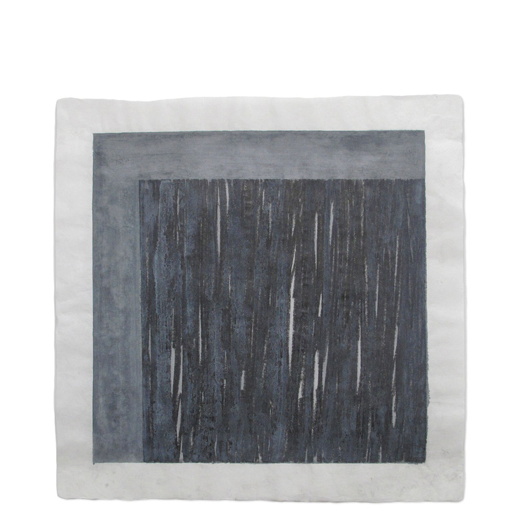 Using watercolor and graphite, wash, and abstraction, artist Kathy Erteman has created a minimal piece of contemporary art with Right Cube. The piece on Japanese art paper has a large graphite square and a gray watercolor wash overall