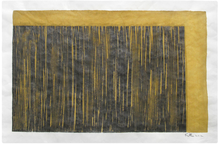 Using watercolor and graphite, artist Kathy Erteman created an abstract piece of contemporary art with Particular Balance, Early Plow. The piece on mulberry paper has a long rectangular graphite drawing with golden brown watercolor