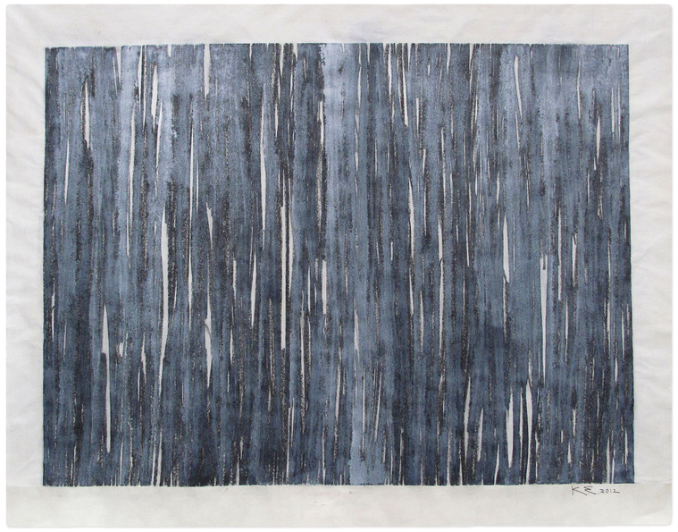 Using watercolor and graphite, artist Kathy Erteman has created a contemporary watercolor composition with Particular Balance, Waterfall. The piece on mulberry paper has a graphite drawing that fills the page engulfed by white gouache