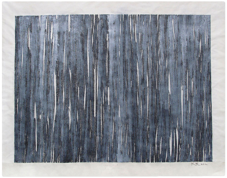 Using watercolor and graphite, artist Kathy Erteman has created a contemporary watercolor composition with Particular Balance, Waterfall. The piece on mulberry paper has a graphite drawing that fills the page engulfed by white gouache