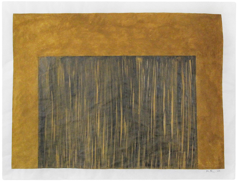 Using watercolor and graphite, artist Kathy Erteman has created an abstract composition with Particular Balance, Spring Thaw. The piece on mulberry paper has a rectangular graphite drawing surrounded by golden brown wash