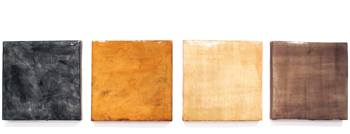 High Gloss is a ceramic art installation hand-built of porcelain Squares by Kathy Erteman. In a bright/dark contrast, the artist textured each tile in gloss glazes in grey, amber, pale yellow, and smoke hues. This is a custom handmade ceramic design