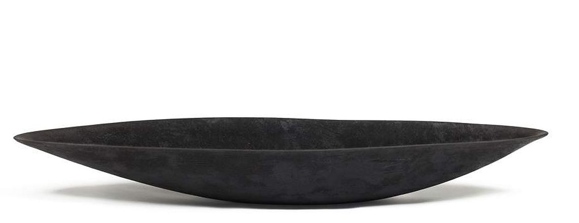 Pitch Boat Vessel is a decorative stoneware form, hand-built by ceramic artist Kathy Erteman. The black texture glaze defines this bold minimal sculptural ceramic piece. Find Erteman’s work at Hostler Burrows Gallery