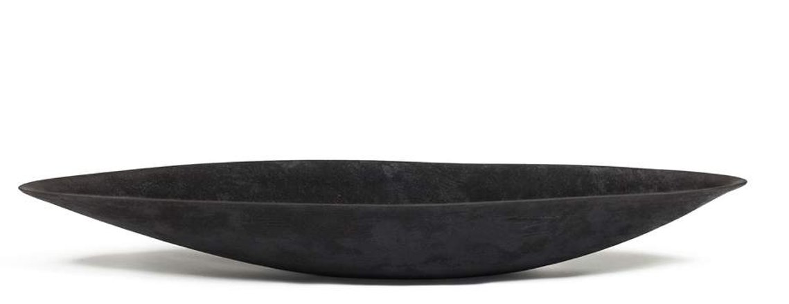 Pitch Boat Vessel is a decorative stoneware form, hand-built by ceramic artist Kathy Erteman. The black texture glaze defines this bold minimal sculptural ceramic piece. Find Erteman’s work at Hostler Burrows Gallery