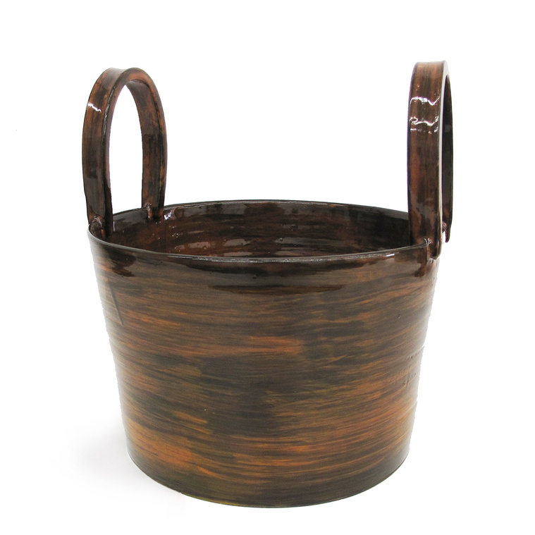 The Tall Orange Handles Vessel by Kathy Erteman is a wheel thrown stoneware sculpture with black brushwork and an orange gloss glaze. The tall handles and black interior make this piece of contemporary ceramics a luminous work of art
