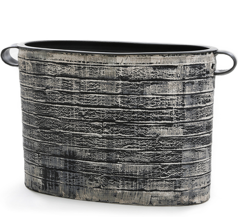The Indigo Moss Oval Vessel w/ Handles by Kathy Erteman is a stoneware sculpture hand-built in strips with a wheel thrown top and handles. Included in the 2019 International Korean Ceramic Biennale, it has white brushwork over black slip