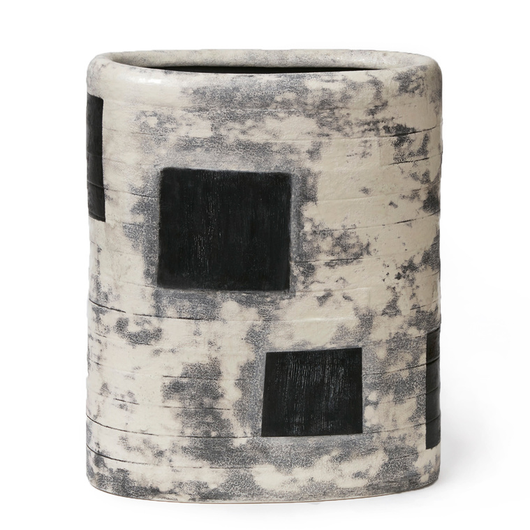 Titled Black Squares, Oval Vessel, this contemporary ceramic vessel was hand-built in strips by artist Kathy Erteman. The curled in rim, inset black squares, and white and grey texture glaze create a dynamic work of art
