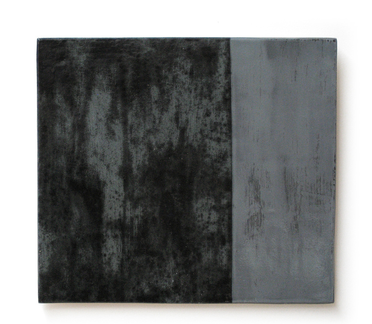Dusk by artist Kathy Erteman is a porcelain tablet. The minimal ceramic wall piece is perfect for contemporary art collectors. The black underglaze on the grey glaze makes this piece of abstract wall art painted by the artist very moody in tone
