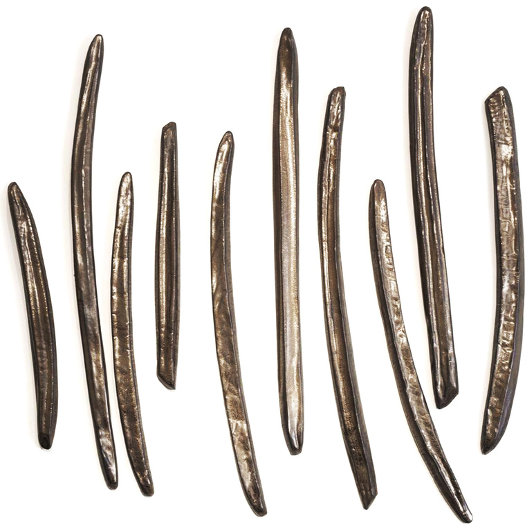 For the Tall Catalpa Stix ceramic wall sculpture, artist Kathy Erteman arranged the organically sculpted catalpa stick-pods in a vertical installation. Made of stoneware, the organic wall-mounted sticks in a bronze-gold glaze were inspired by nature