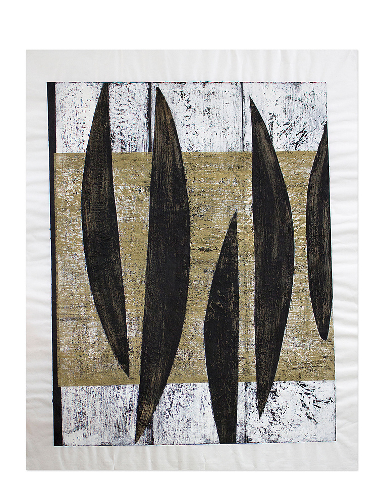 Catalpa Dagger was created by artist Kathy Erteman with casein and gouache. The piece has black dagger forms and white monoprint panels with a gold brown overlay. The modernist composition features shapes inspired by seed pods