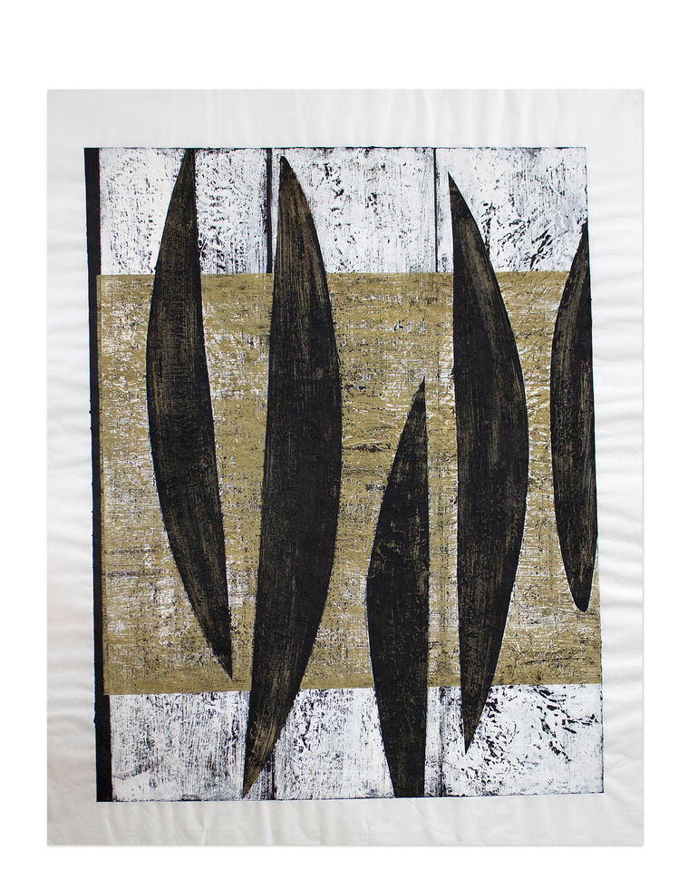 Catalpa Dagger was created by artist Kathy Erteman with casein and gouache. The piece has black dagger forms and white monoprint panels with a gold brown overlay. The modernist composition features shapes inspired by seed pods