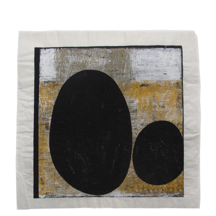 Darkspot was created by artist Kathy Erteman with casein and gouache. The piece has black painted ovals and a monoprint background of gold/ochre. The modernist composition features anthropomorphic shapes inspired by seed pods