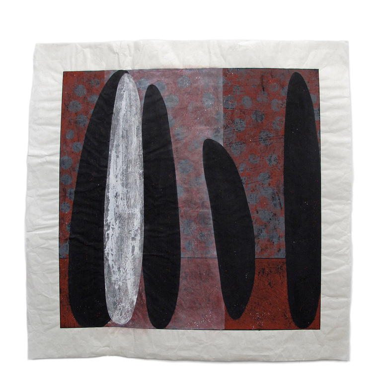 Outcast was created by artist Kathy Erteman with casein and gouache. The piece has black pod forms, one overlaid with translucent white, and a gray background with a red orange monoprint dot design. The modernist composition has abstracted human figures