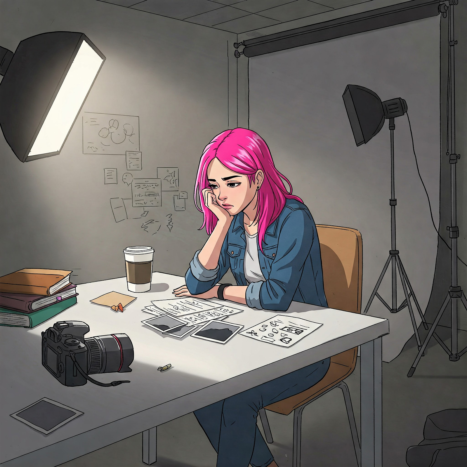 photographer at a white table in a studio, looking thoughtful. Camera, photos, coffee, and books are scattered. Softbox and umbrella lights illuminate the scene. Minimalist grey walls with faint sketches.