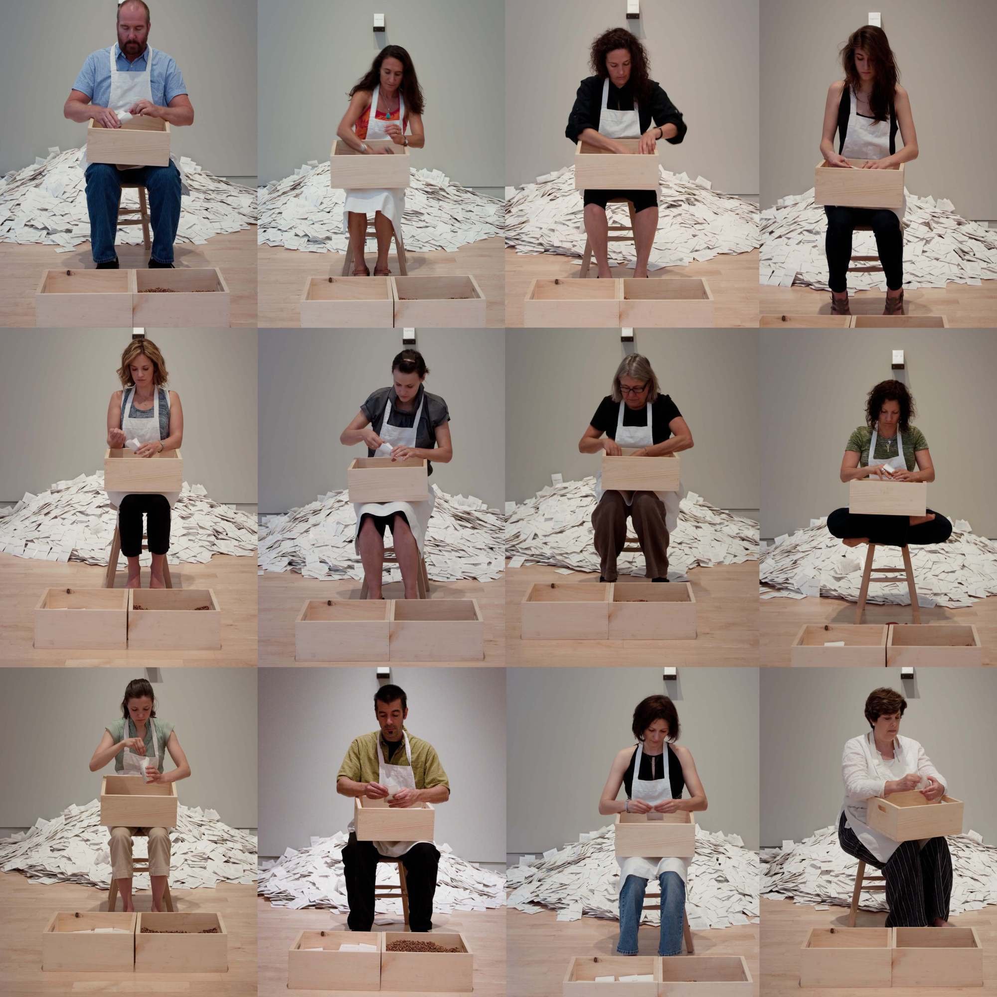 photographs from douglas rosenberg's relational performance art work, forgiveness, showing white envelopes from the performance being filled with hyacinth seeds by participants in the gallery