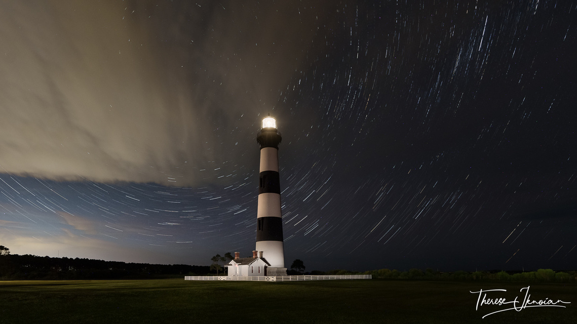 Star circles with clouds at Bodie Island Lighthouse in North Carolina's Outer Banks. 