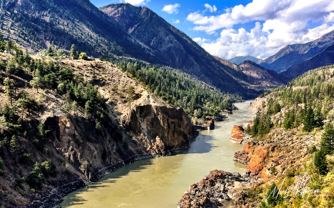 Photo of the Fraser Canyon in British Columbia, taken through the window of my railcar as the Rocky Mountaineer train passed over the Fraser River.