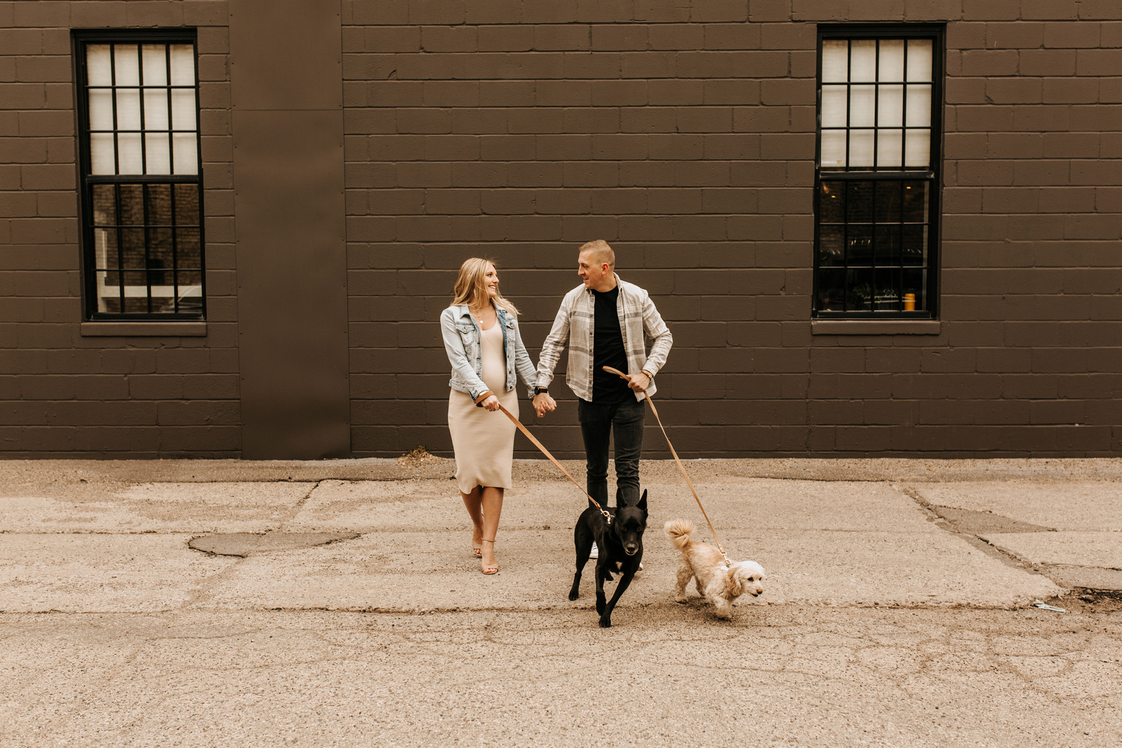 Maternity session in the North Loop, Minneapolis. Family photos with 2 dogs.